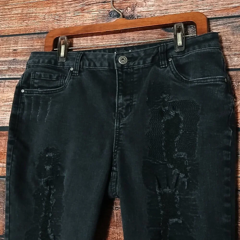Indigo Thread Co Jeans 10 Skinny Mid Rise Distressed Black Denim Stretch